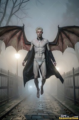 On a foggy stone street, a winged pale man with dark red eyes floats in the air