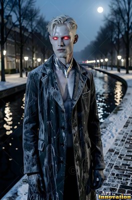 Standing along a snowy canal, a pale, fair-haired man with red eyes wears an open coat