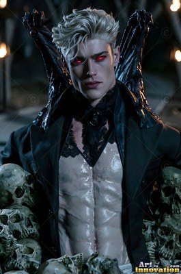 Blond man with dark red eyes behind a pile of human skulls