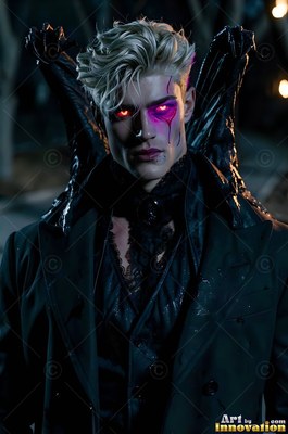 Blond hair falls over the pale face of a vampire man in black at night