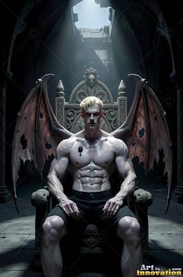 Seated on a stone throne in a dark hall, a shirtless winged man looks ahead