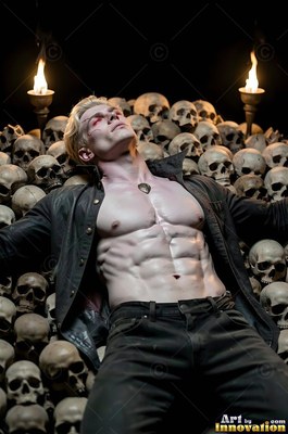 A shirtless white-skinned man lies back on a pile of skulls between two torches