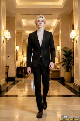 In a hotel hallway, a fair-skinned blond man in an open black suit walks forward