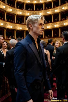 Standing in a theater crowd, a pale blond man in a navy suit turns his red eyes aside