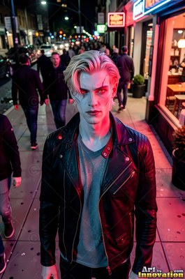 Blond man in a leather jacket standing on a city street at night