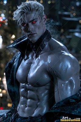 A muscular blond man with red eyes wears an open jet-black coat in front of blurred city lights