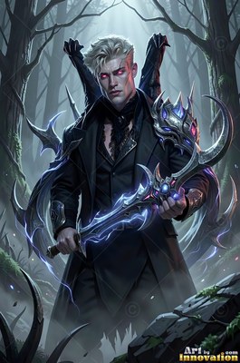 A pale man holds a curved sword in a dark wood under cool blue light