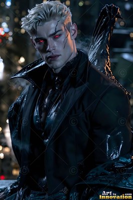 Turned slightly at night, a pale light-haired man in black coats stares with red eyes