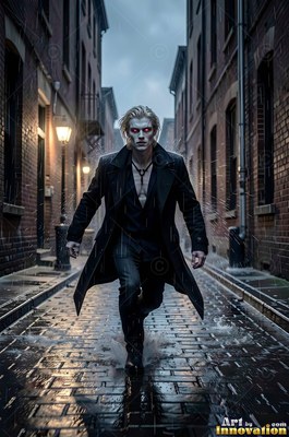 A fair-skinned fair-haired man in a black trench coat walks down a wet brick alley in the rain