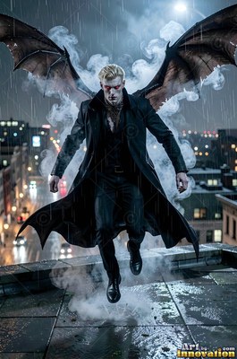 On a wet city rooftop, a blond man with bat wings hovers in smoke