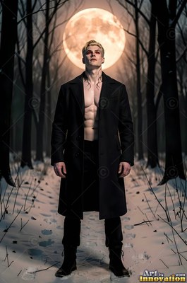 Standing in a snowy wood, a light-haired man in an open black coat faces a full moon