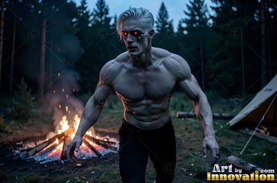 Shirtless fair-skinned man with dark red eyes stalks past a campfire in the woods