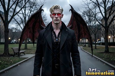 Red eyes mark a pale man with brown bat wings on a gray path through a park courtyard