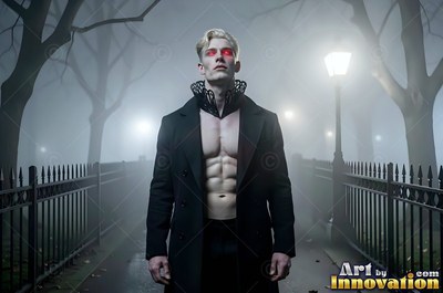 A pale man stands on a foggy path at night with bright red eyes in his head