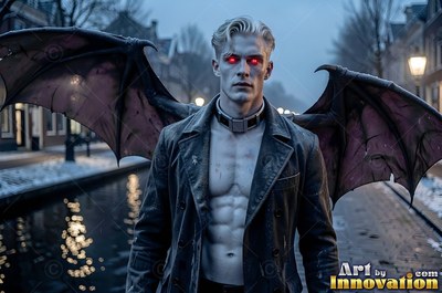 Facing forward by a snowy canal, a pallid man with bat wings has bright red eyes