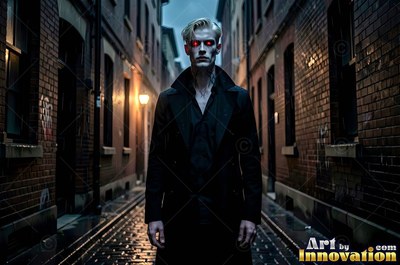 A white-skinned blond man in a black coat stands in a wet brick alley with red eyes