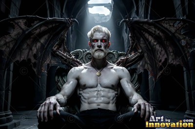 Sitting shirtless on a throne, a pale winged man stares forward with red eyes under a skylight