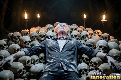 A blond man lies back on a pile of skulls near torches