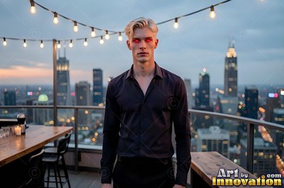 A white-skinned man in a black button-down shirt stands on a rooftop patio above city lights