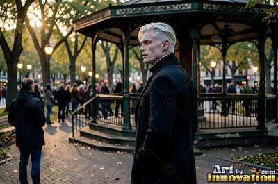 A pale blond man in a black overcoat looks back near a park gazebo in soft golden dusk