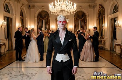 Standing straight in a ballroom, a pale blond man in a tuxedo stares with red eyes