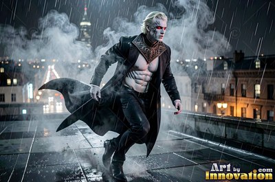 A pale light-haired man in an open black overcoat runs across a wet rooftop in the rain