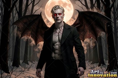 In a snowy forest under a full moon, a blond man stands with bat wings and red eyes