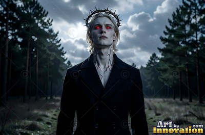 Standing in dark woods, a pale blond man with blood-red eyes wears a crown of thorns