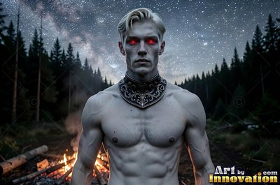Pale shirtless red-eyed man stands by a campfire at night