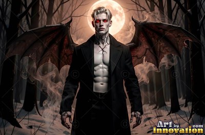 Spreading bat wings, a pale red-eyed man stands in a dark snowy forest under a full moon