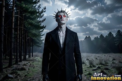 A bloodless man wearing a spiked crown stands in a dark forest under a cloudy gray sky