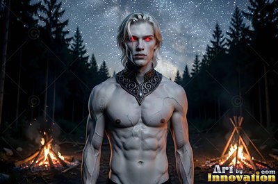 A shirtless man stands facing forward in a dark pine forest at night between two campfires