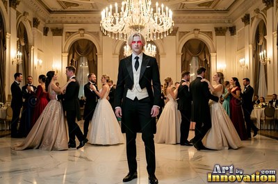 A blond man in a tuxedo stands with red eyes in a ballroom full of dancing couples