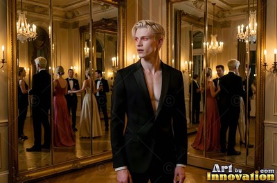 In a mirrored ballroom, a blond man in an open black jacket looks away with red eyes
