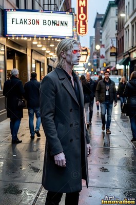 Walking a wet city sidewalk, a blond vampire man in a coat has bright red eyes