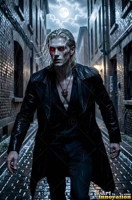 Blond man whose eyes are red in a dark coat walks down a wet alley