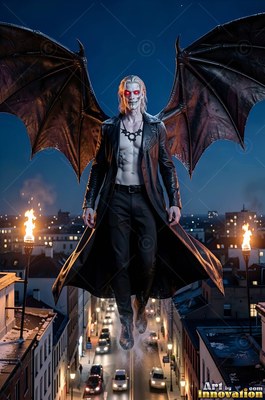 Spreading bat wings, a pallid man in an open dark coat floats over a city street at night