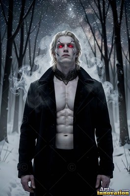 A fair-skinned blond man stands in a dark snowy forest with bright red eyes