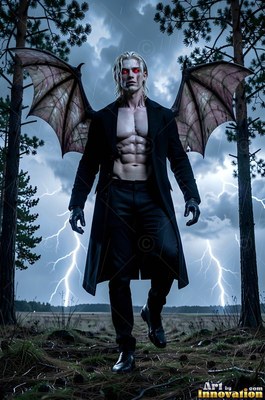 Walking forward in a dark pine wood, a winged red-eyed man in a jet-black coat