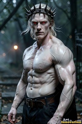 A muscular white-skinned man with red eyes wears a spiked crown in the dark woods