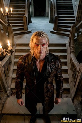 Standing on a stone staircase, a pale blond red-eyed man looks up in candlelight