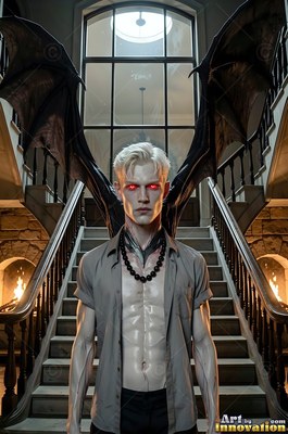 A blond man with bat wings and red eyes on a stone staircase