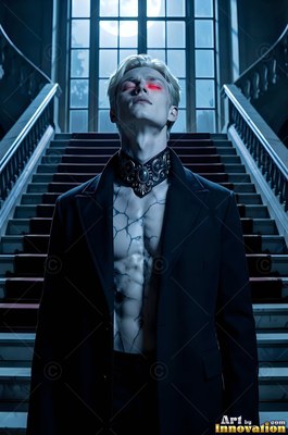 His cracked bare chest exposed, a fair-skinned man with blood-red eyes stands on a grand staircase