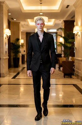 A blond man in a black suit walks through a bright hotel lobby with red eyes