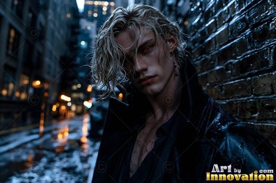 Leaning near a wet brick wall, a blond vampire man looks forward with red eyes