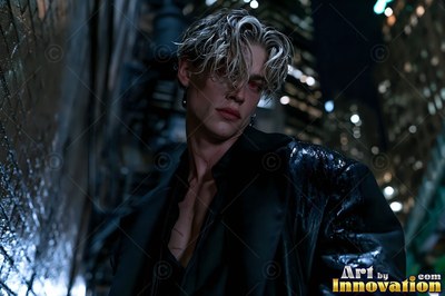 A blond red-eyed man stands in a dark city alley at night wearing a black coat