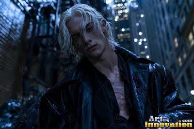 In a dark city alley, a blond vampire man in a wet black overcoat stares forward