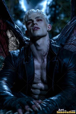 A pale blond man with blood-red eyes and dark wings sits outdoors
