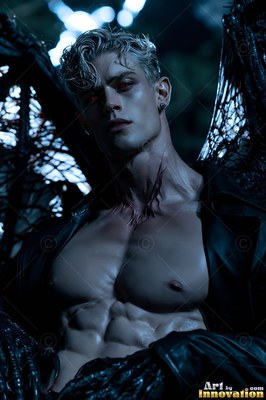 Red eyes mark a pale blond man with dark bat wings under dim blue night light