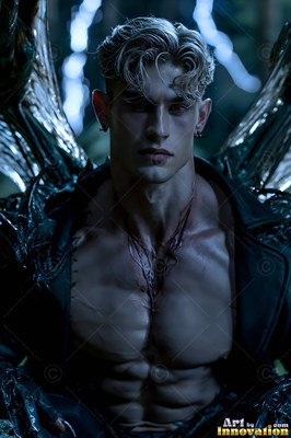 A pale blond man stares forward with dark wings behind him in cool blue light